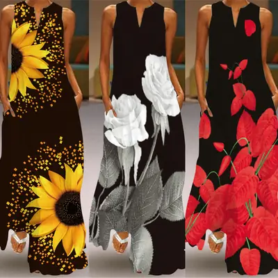 Women Sleeveless Long Dress V-Neck Rose Print Black
