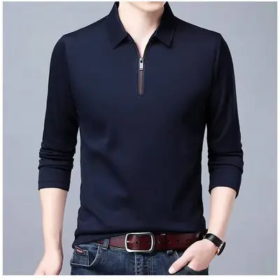 Men's Black Long Sleeve Polo Shirt with Zip Front
