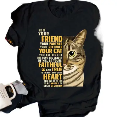 Cat Print T-Shirt for Cats & Friends Black Short Sleeve