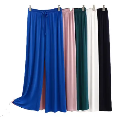 Blue Wide Leg Cotton Pants Large Elegant Casual