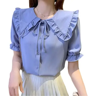 Women Doll Collar Shirt Blue Ruffled Chiffon 2024