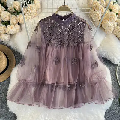 Autumn Sweet Long Sleeve Fairy Dress with Lace Top and Butterfly Mesh