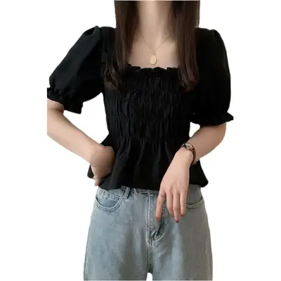 Black Chiffon Puff Sleeve Women's Top