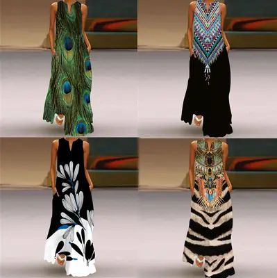 V-Neck Sleeveless Maxi Dress Black White Floral Print