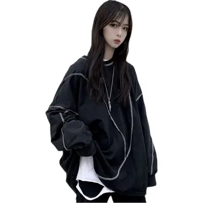Women's Black Thin T-Shirt Sweatshirt Set Loose Mid-Length Hip-hop Style