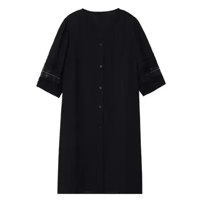 Summer New Large Size Mother V-Neck 7 Bubble Sleeve Long Dress