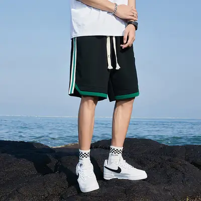 Men Black Blue Stripe Casual Shorts with White Sneakers