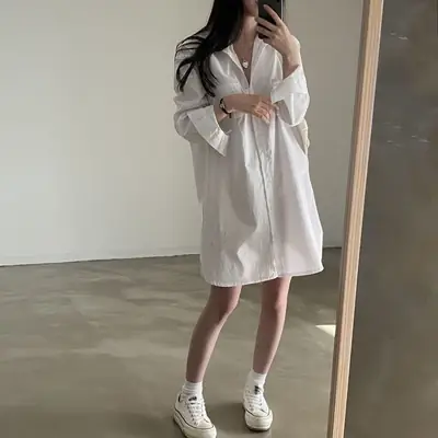 Women's 2024 Loose White Lapel Shirt Skirt Mid-Length