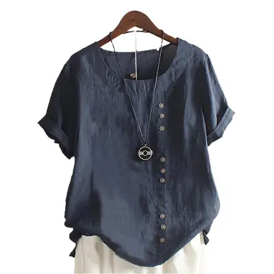 Women Loose Cotton Linen T-Shirt Brown Button Front