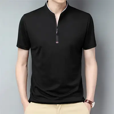 Men's Ice Silk Collar T-Shirt Navy Blue