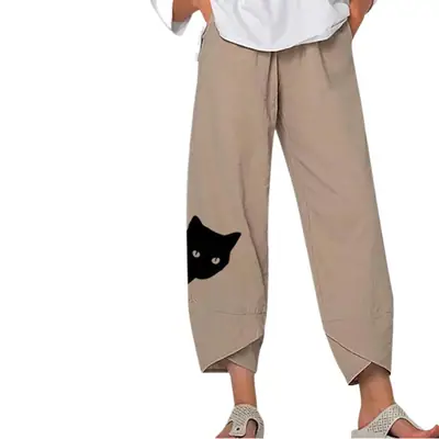 Women Cat Print Elastic Waist Pants Purple Ankle Length
