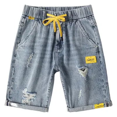 Men's Ripped Denim Shorts Yellow Tee Loose Fit 5Pc