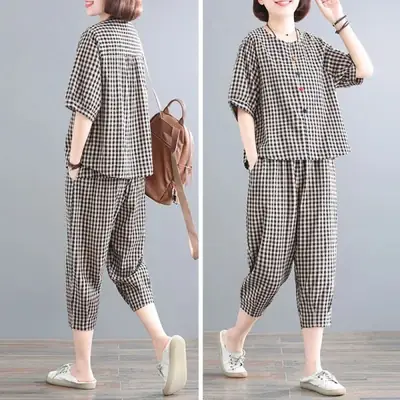 Plus Size Women's 2024 Summer Plaid Pajama Set