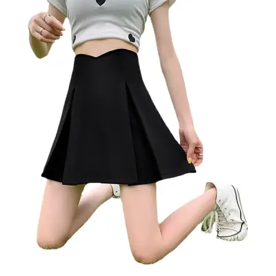 Khaki Pleated Skirt Women Summer Spring Autumn Slimming