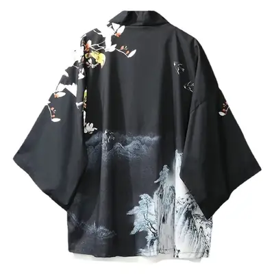 Japanese Kimono Men's Cross-Country Floral Robe Black