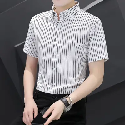 Men Blue White Striped Ice Silk Shirt Short Sleeve Elastic