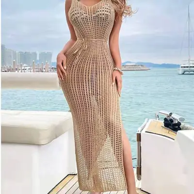 Backless Dress Summer Sexy Slit Knitted Long Skirt