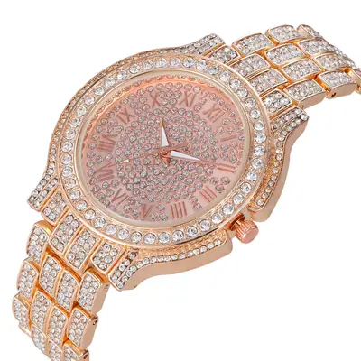 Women's Rose Gold Full Diamond Roman Dial Watch