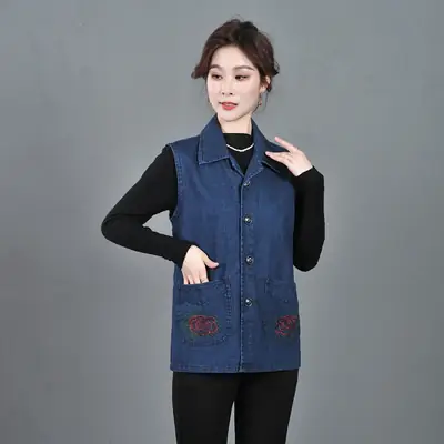 Women Denim Vest Dark Blue Large Size Pocket