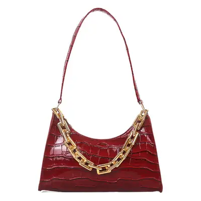 Red Croc Leather Shoulder Bag with Gold Chain
