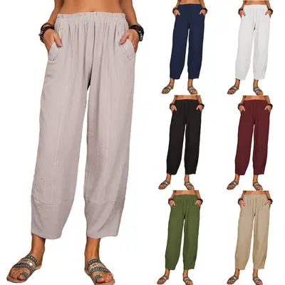 Women Loose Cotton Linen Pants Solid Color 2022