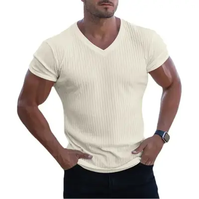 Men V-Neck Sweat Wicking Slim Fit T-Shirt Cream