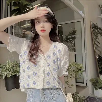 2023 New French V-Neck Embroidered Lace Top