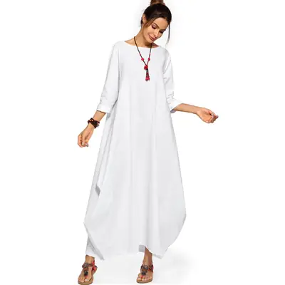 2022 Plus Size Muslim Long Dress Black Cotton Linen