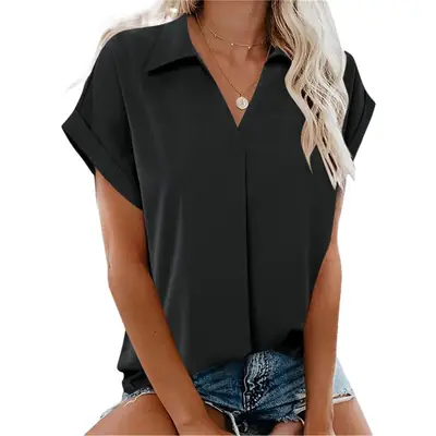 2023 New Women's V-neck Short-sleeve Shirt Solid Color