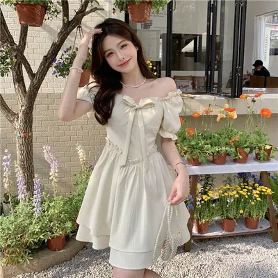 Women Spring Summer Dress Puff Sleeve Lace-Up Waist