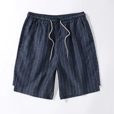 Men Japanese Retro Striped Linen Shorts Blue