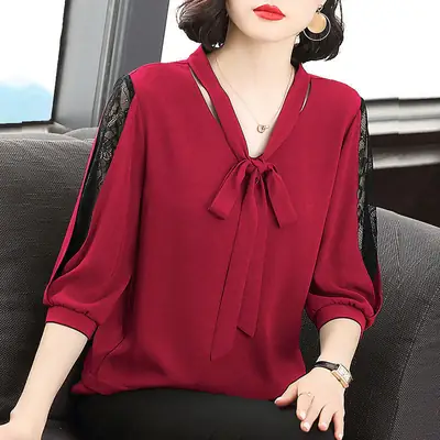 Green Chiffon V-Neck Bow Shirt Large
