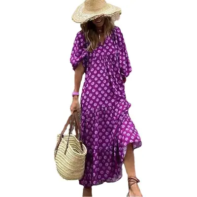 Purple Geometric Collage Puff Sleeve Dress for Plus Size Women