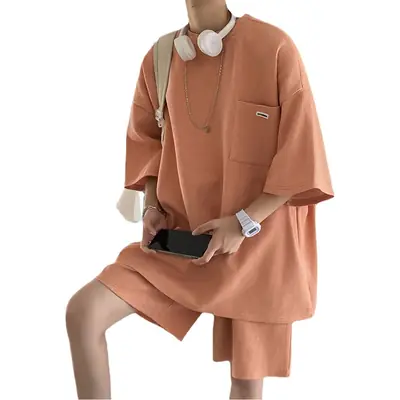 Men's T-Shirt Shorts Set Wafflour Orange Short Sleeve Summer