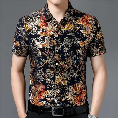 Middle-aged Men Floral Short Sleeve Ice Silk Shirt