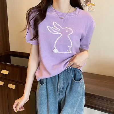 Korean Style Purple Rabbit Cashmere Short Sleeve Sweater