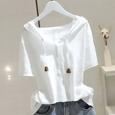 White Hooded Short Sleeve T-Shirt for Women 2025 Spring Summer
