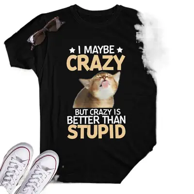 Crazy Cat Printed T-Shirt Black Women's Short Sleeve
