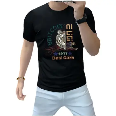 Men 2023 Tiger Print T-Shirt Black Short Sleeve