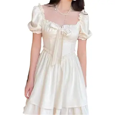 Women Square Neck Puff Sleeve Skirt Dress White 2024