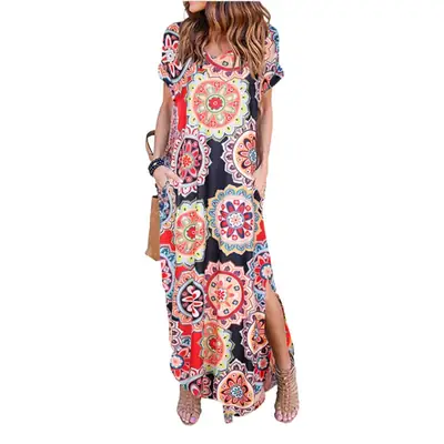 Women Olive Green Slit Long Dress Short Sleeve V Neck