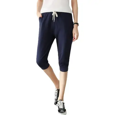 Women Grey Capri Pants Summer Cotton Crop
