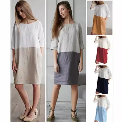 2022 Loose Cotton Linen Stitching Dress Round Neck Seven Point Sleeve Skirt Tunic