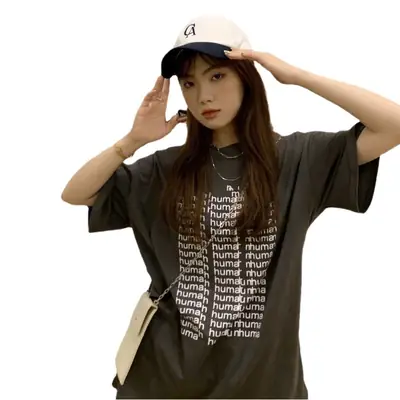 Women Harajuku Letter Print T-Shirt Black Loose Mid Length