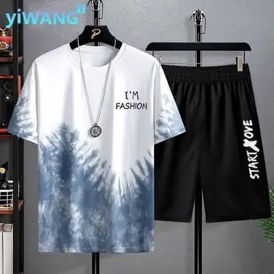 Men Tie Dye Summer Suit Black Shorts 2023