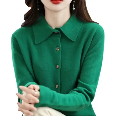 Women's White Knitted Lapel Cardigan Polo Shirt