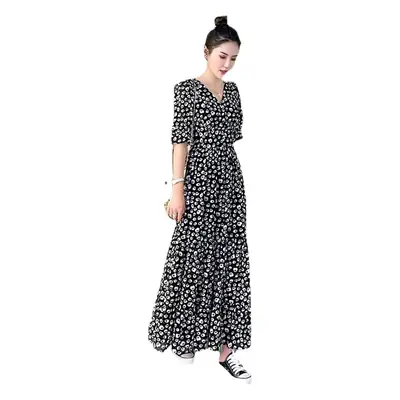 Women's Long Chiffon Polka Dot Dress White High Waist