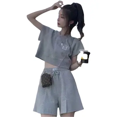 2022 Women's Grey Casual Shorts Set Loose Fit High Waist