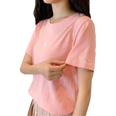 Women Heart Embroidered Light Blue T-Shirt Summer Loose Fit