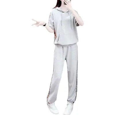 Women Grey Hooded Sweatshirt Sports Suit Summer